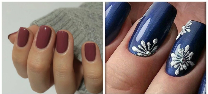 uñas largas, dos ejemplos de diseños de uñas modernos diferentes, diseño de uñas cortas en color bordeos, manicura larga en azul con decoración en blanco 