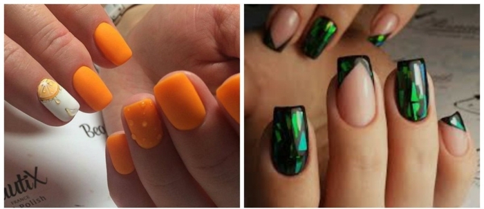 decoracion de uñas, tendencias en la manicura 2018, uñas con decoración que imita vidrio, uñas en color naranja llamativo