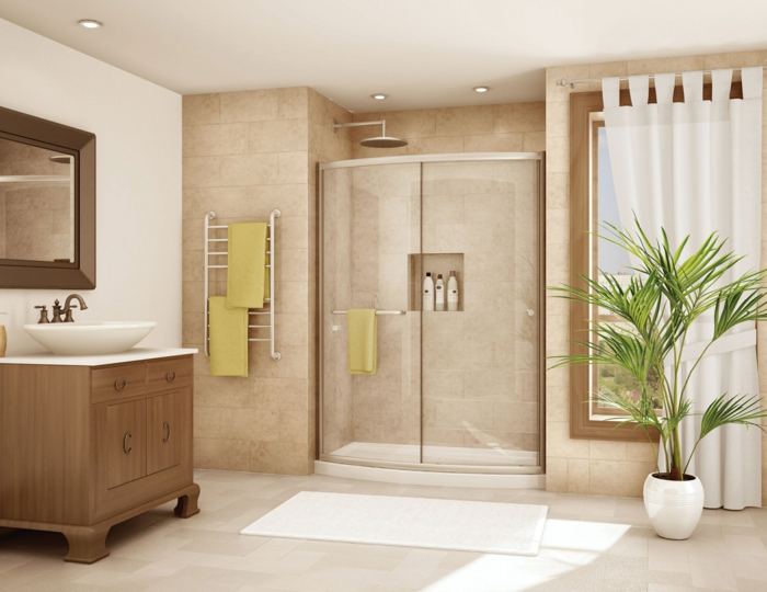ducha de obra, baño con paredes y suelo de baldosas, lavabo clásico, mueble de madera, ventana grande, ducha de obra con plato y nicho en la pared