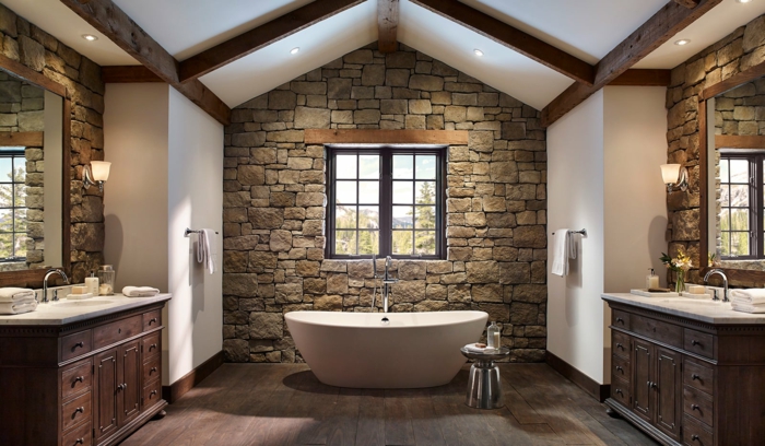 ladrillo caravista, decoración rustica baño, dos lavabos gemelos, ventana sobre bañera blanca, techo triangular, pared de piedra rústica
