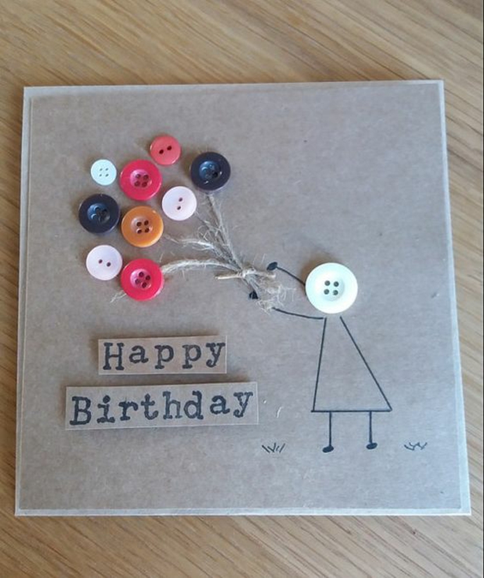imagenes de feliz cumpleaños, tarjeta kraft de cumpleaños con botones, chica con balones figura estilizada