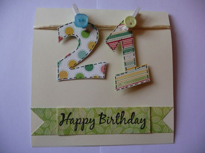 felicidades amiga, tarjeta de cumpleaños. edad 21, decoración con números de color y botones