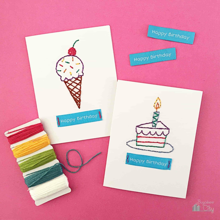 felicidades amiga, idea de tarjetas de cumpleaños hecho s mano con formas de helado y pastel cosidas sobre papel