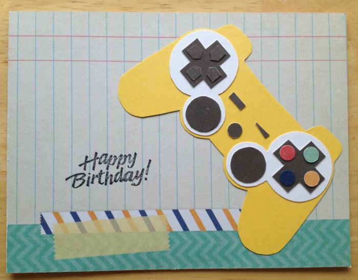 feliz cumpleaños amor, tarjeta de cumpleaños vintage con hoja de cuaderno y controlador de videojuego amarillo