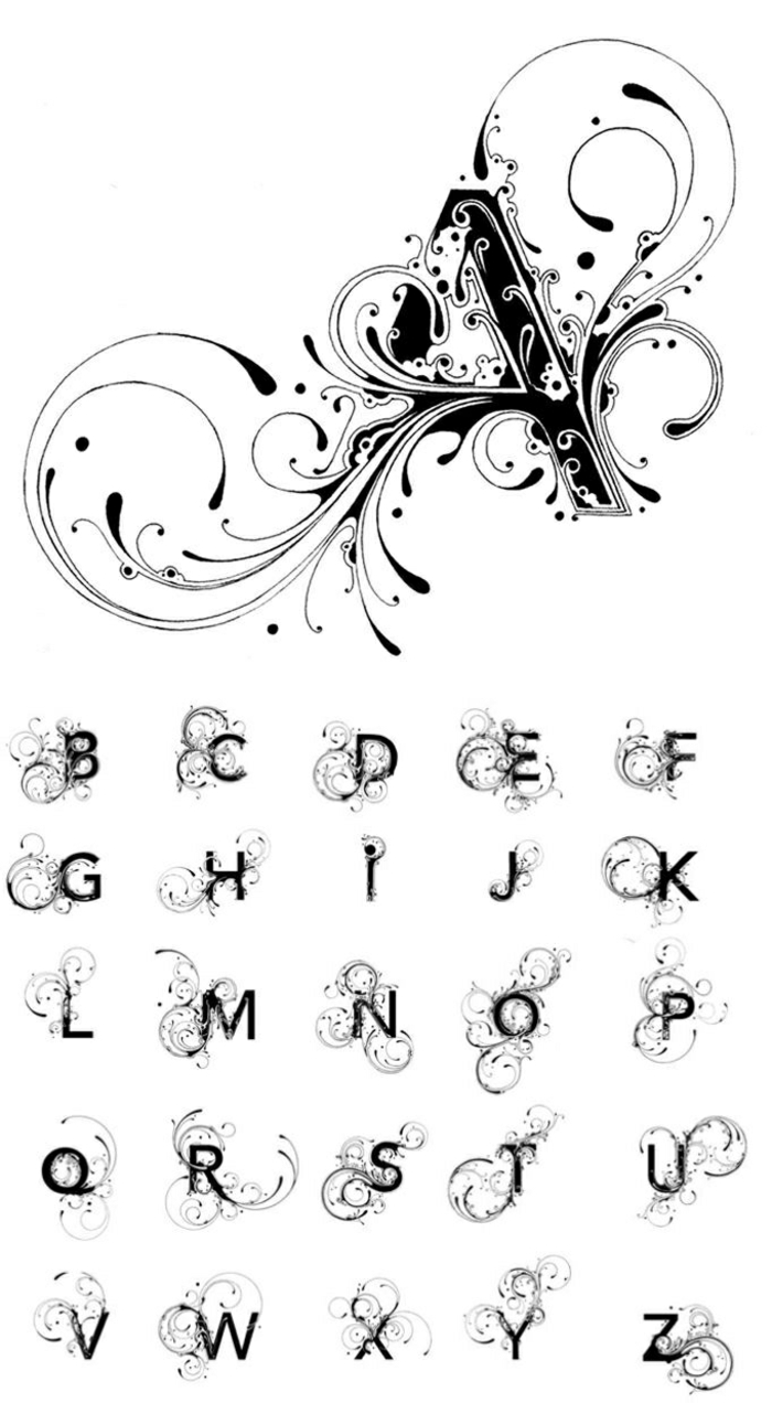 tipos de tatuajes, fuente personalizado con letras en negro sólido y adornos, plantilla de alfabeto gratis