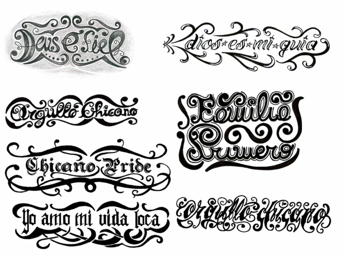 tatuajes mujer, siete plantillas de tatuajes de frase con fuentes distintas y adornos adicionales, blanco y negro