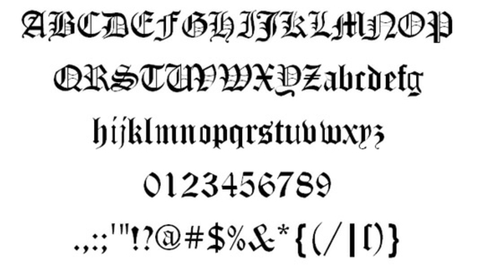 letras para tatuajes, fuente de tatuaje con letras mayúsculas y minúsculas estilo inglés antiguo, números y signos