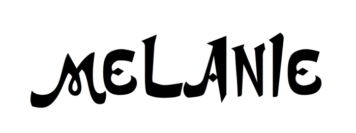 tatuajes frases, diseño de tatuaje de nombre Melanie con letras en negro sólido estilo grafiti