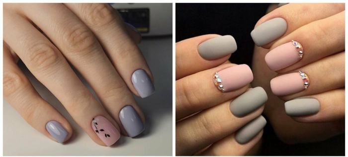 uñas largas, ejemplo de diseños de uñas en colores pastel, combinación de rosado y gris en uñas de forma cuadrada