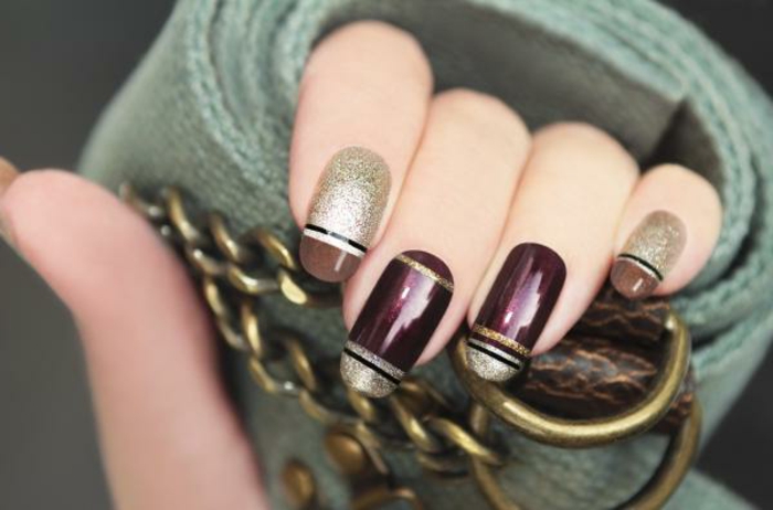 modelos de uñas, precioso ejemplo de uñas largas en forma ovalada, pintadas en marrón, bordeos y dorado