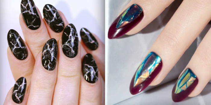 modelos de uñas, propuestas extravagantes de uñas largas de forma de almedra, ideas en colores oscuros