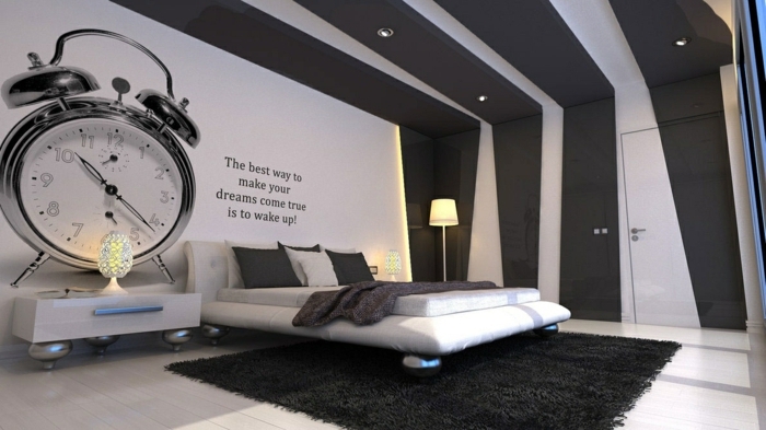 pegatinas pared, dormitorio grande y moderno con cama doble, vinilo de despertador enorme y frase inspiradora