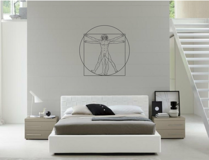 adhesivos pared, dormitorio moderno en blanco con escaleras, vinilo con el hombre de vitruvio sobre cama doble