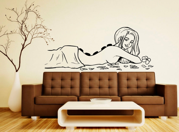 adhesivos pared, decoración moderna salón en marrón y beige, vinilo negro - masaje de mujer con piedras