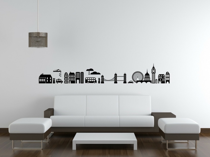 adhesivos pared, salón en marrón y blanco con sofá y taburtetes, vinilo de pared con los edificios emblemáticos de Londres