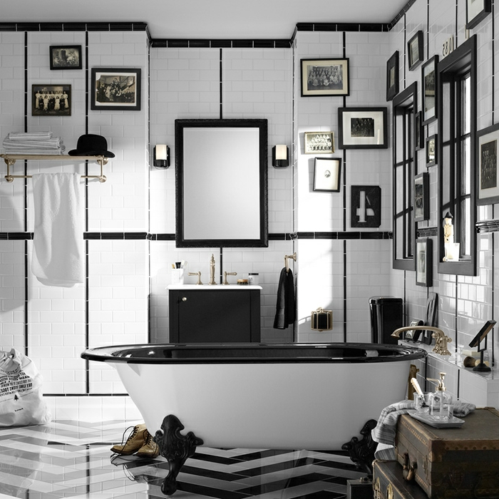 cuartos de baño, baño vanguardista en blanco y negro, diseño moderno con muebles y decoración vintage 