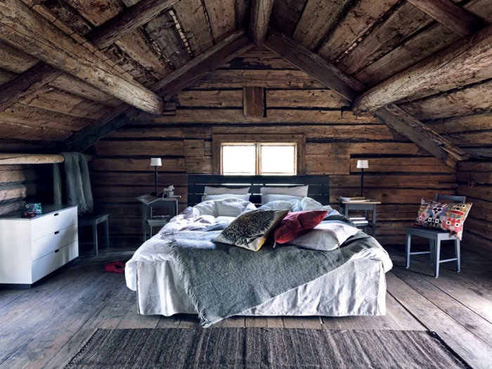 cabañas de madera, dormitorio acogedor en una buhardilla, techo, paredes y suelo de madera, cama doble con cabecero de vigas 