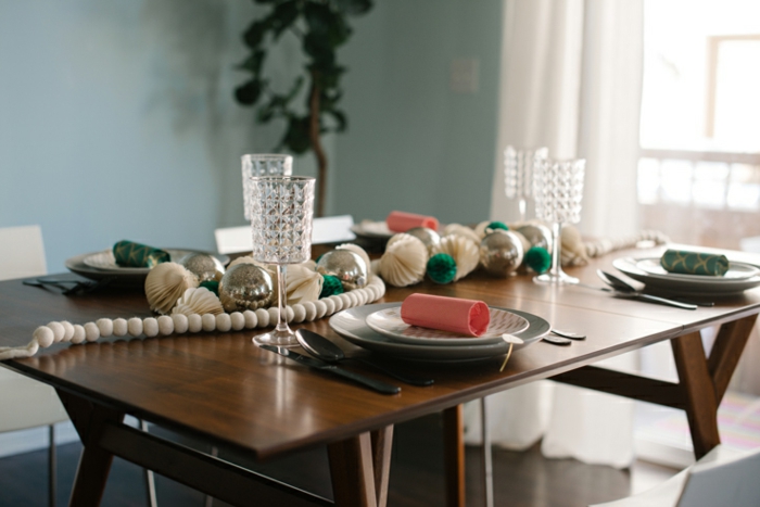 centros de mesa, bonita y barata decoración para la mesa de navidad, ornamentos de papel con guirnalda de bolas blancas