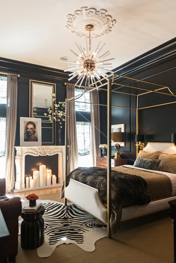 habitaciones de matrimonio, dormitorio elegante moderno con cierto toque vintage, paredes en negro, decoración de velas