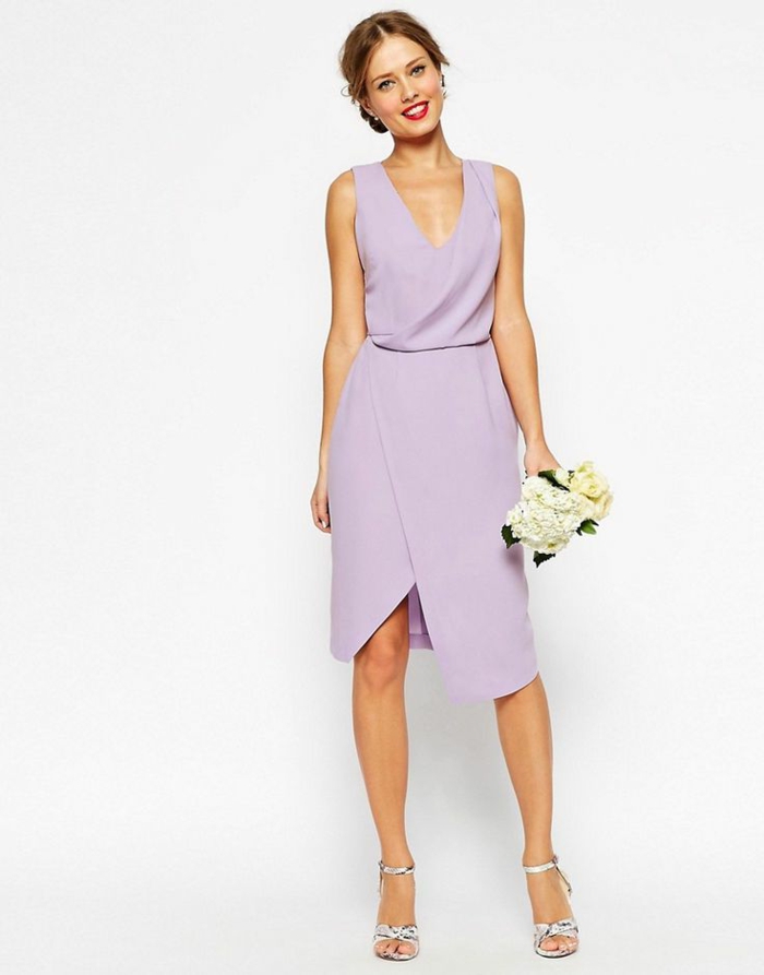 vestidos para bodas, elegante vestido en color lila suave con parte inferior asimétrica, vestido ideal para la dama de honor