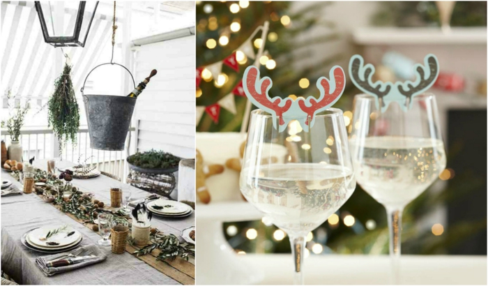 centros navideños, ideas originales para la mesa de navidad, cubata colgante con botella de champán y adornos para los vasos de vino 
