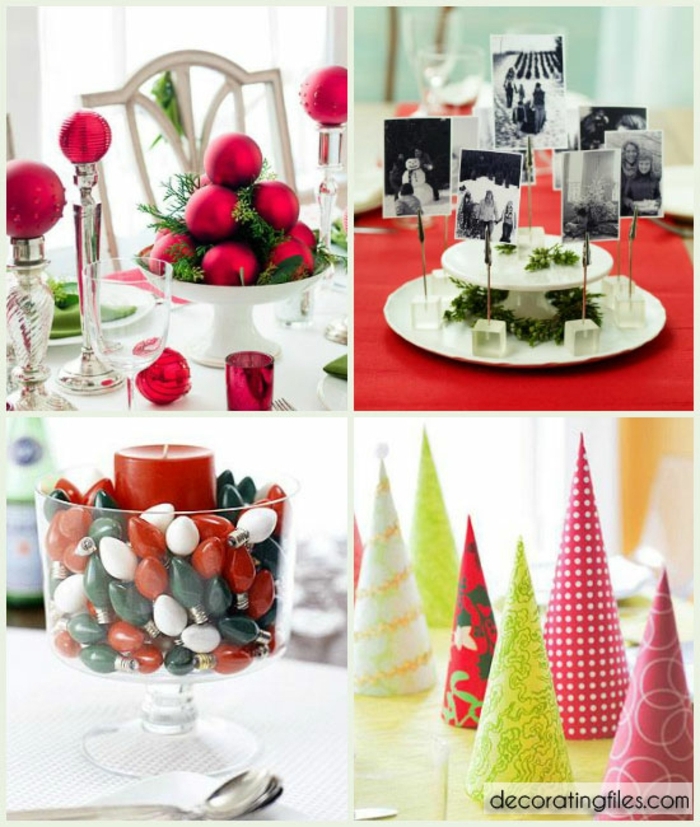 centros navideños, propuestas en rojo para la mesa de navidad, idea de centro de mesa decorado con fotos viejas en negro y blanco 