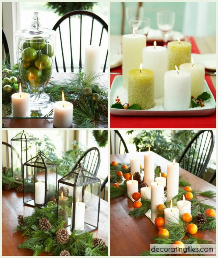 centros navideños, ideas de centros de mesa bonitos en blanco y verde, propuestas con velas y ramas de pino