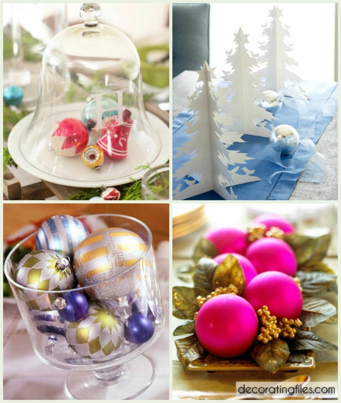 centros navideños, bolas de navidad relucientes en diferentes colores, centros de mesa con adornos de navidad