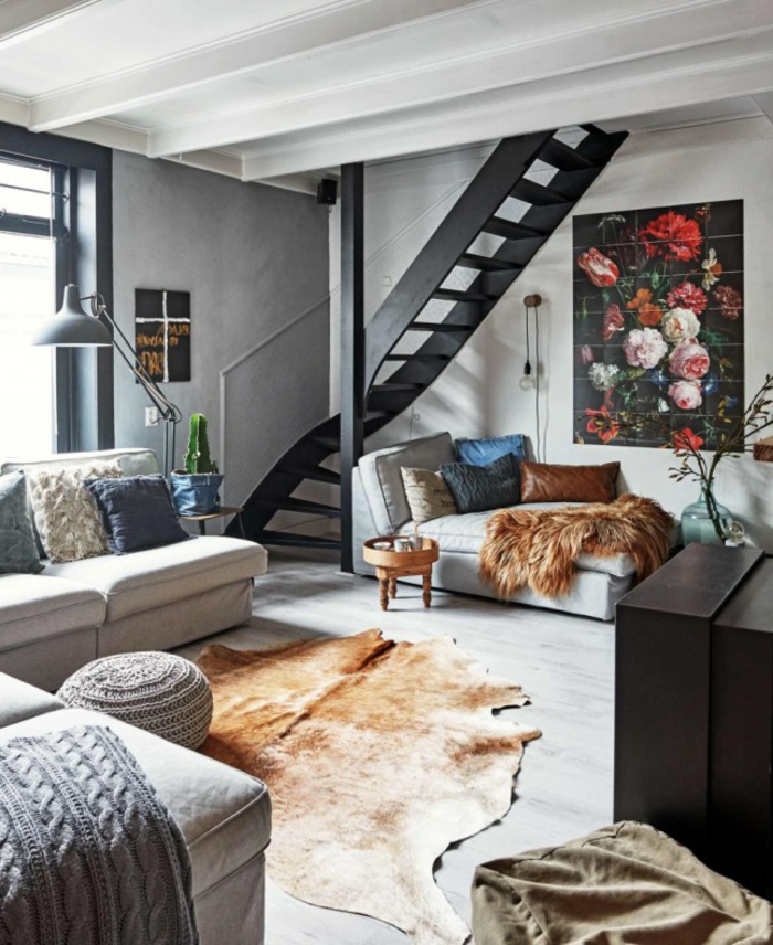 muebles salon, salón moderno con decoracion en estilo bohemio, pintura con flores en la pared, salon en gris y blanco 