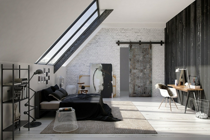 habitaciones modernas, grande dormitorio con techo inclinado, pared en negro, y otra pared con ladrillos en blanco y gris, toque industrial 