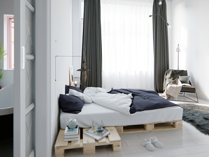 dormitorios modernos, interesante idea con cama de palets, habitación luminosa con cortinas largas en color gris oscuro 