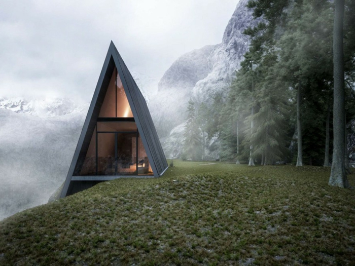 cabañitas del bosque, cabaña de madera en forma triangular, estilo moderno minimalista, paisaje montañoso