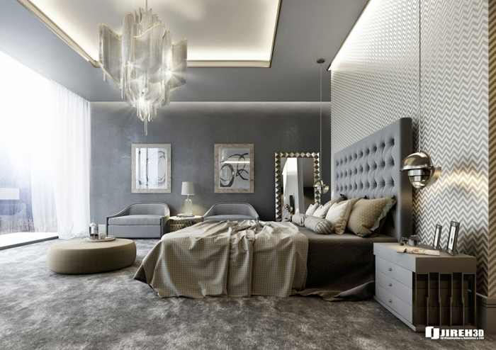 dormitorios de matrimonio, ideas para decorar espacios en estilo moderno, dormitorio en gris y ocre, lámpara de araña grande y moderna