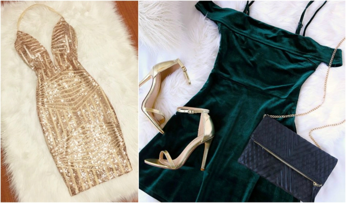 vestidos nochevieja, dos vestidos con detalles en dorado, vestido corto con escote en V, vestido con falda campana en verde