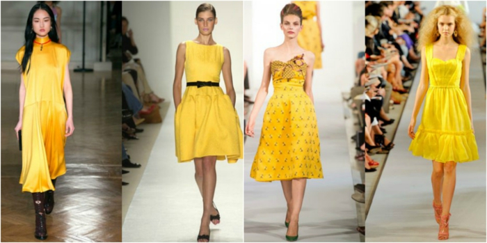 vestidos cortos de fiesta, propuestas en amarillo con detalles en negro, longitud alrededor de la rodilla