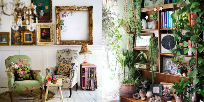 salones modernos, ejemplos de decoración en estilo bohemio, mucha decoración de plantas verdes, muebles tapizados con tela en motivos florales 