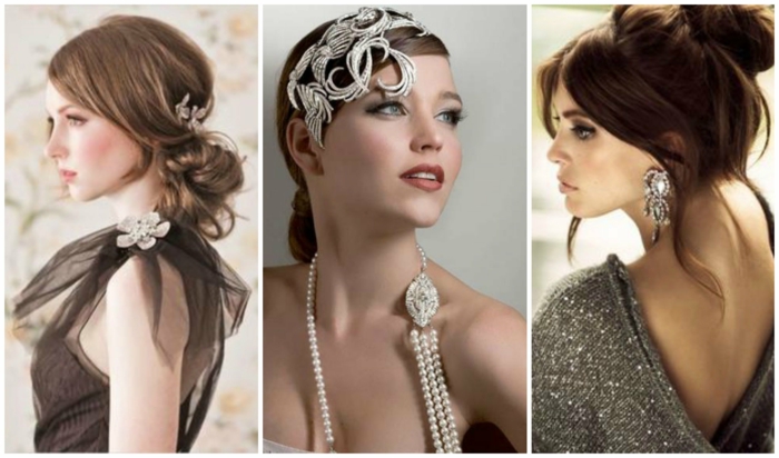 peinados de fiesta, tres ideas elegantes de pelo recogido con accesorios en color plateado, inspiración en los años 20