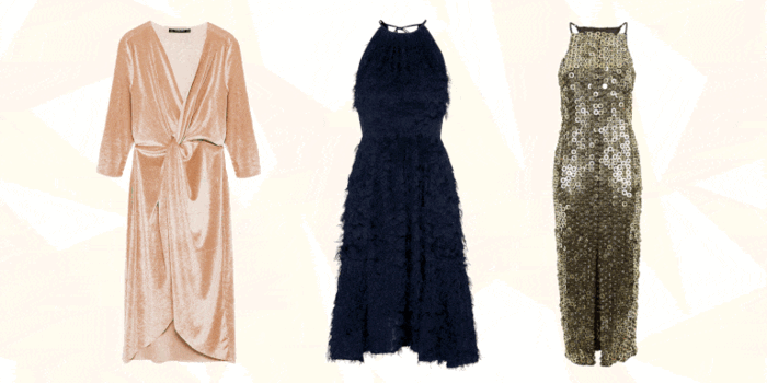 vestidos nochevieja, tres propuestas de vestidos según las últimas tendencias, terciopelo, plumas y lentejuelas, colores rosado, azul y bronce