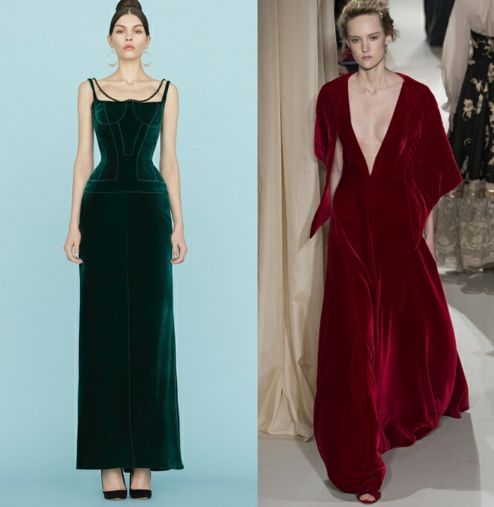 vestidos nochevieja, propuestas largas de terciopelo, ideas refinadas modernas 2018, escote muy atrevido, colores verde y rojo