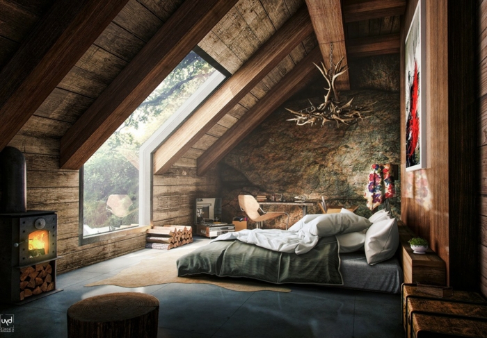 casa de madera, precioso interior con aire hogareño, decoración en estilo rústico, paredes con vigas de madera