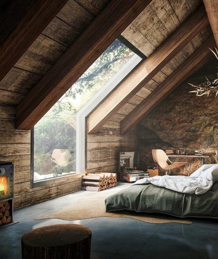 cabañas rurales, dormitorio espacioso con techo inclinado, paredes de piedra y madera, dormitorio en la buhardilla