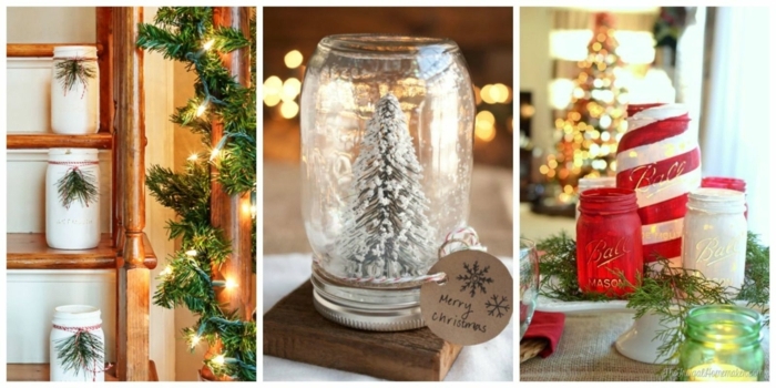 centro de mesa, tres propuestas para decorar la mesa de navidad con frascos de cristal adornados, ideas DIY