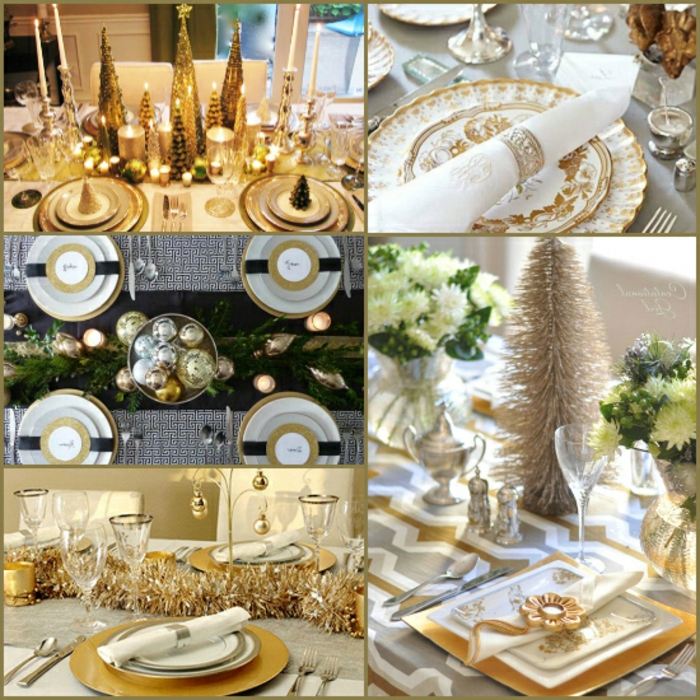 decoracion mesa navidad, propuestas para centros de mesa en dorado, detalles en color oro, servilletas elegantes 
