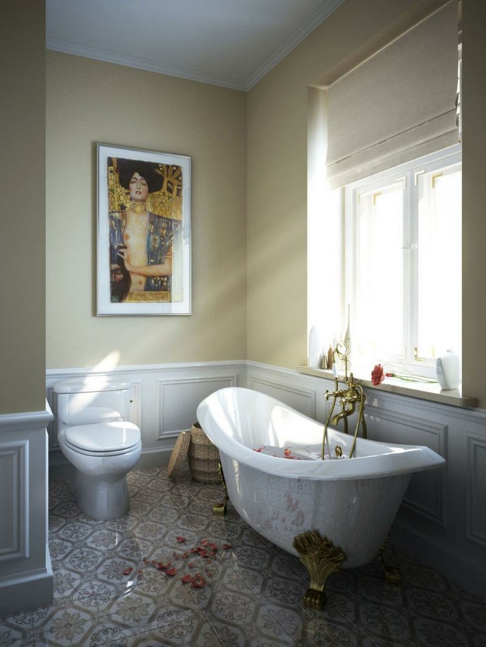 laminas vintage, baño lujoso, ventana grande, rayos de sol, pétalos de rosa, bañera con patas doradas, reproduccion de cuadro de Gustav Klimt