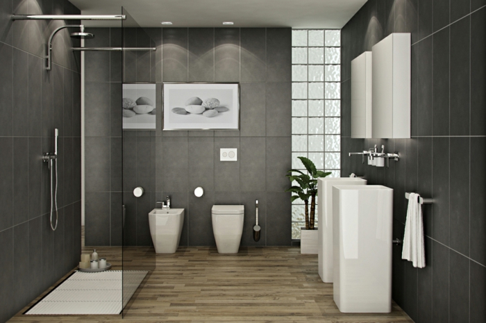 baño decorativos, baño grande moderno en gris, ducha de obra, decoración con planta verde y foto de piedras enmarcada