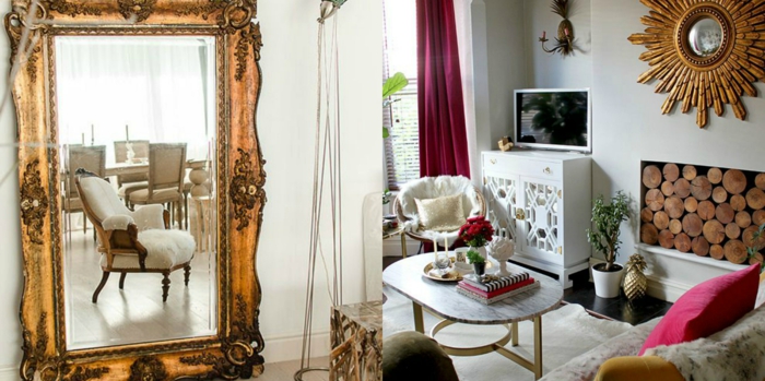 decoracion vintage, espejos vintage en color oro con ornamentos, interiores con paredes en blanco