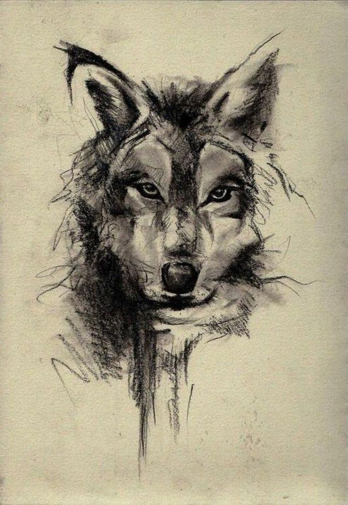 dibujos de lobo, boceto de cabeza de lobo en papel, blanco y negro, diseño de tatuaje estilo realista