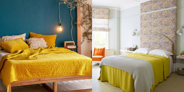dormitorios modernos, ideas de dormitorios decorados con color moztaza, suelos de madera, cama de madera con cabecero atractivo