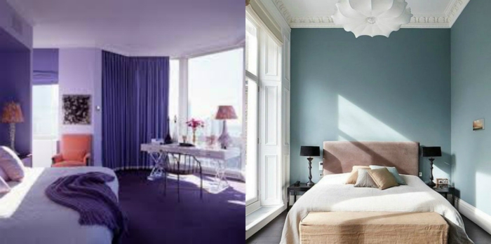 ideas para decorar una habitacion, dos ejemplos de dormitorios en colores fríos, dormitorio en lila saturado y otro en azul con cama en color rosa