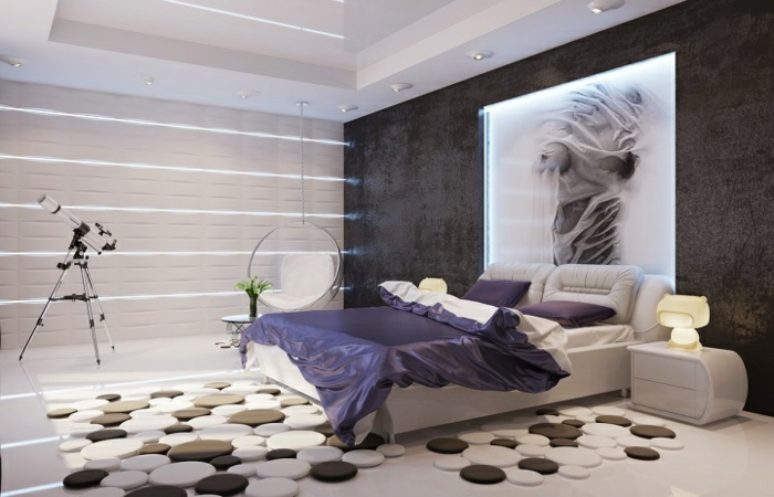 como pintar una habitacion, dormitorio moderno con alfombra original hecha de esferas en blanco y marrón, cama doble con sábanas de saten en lila